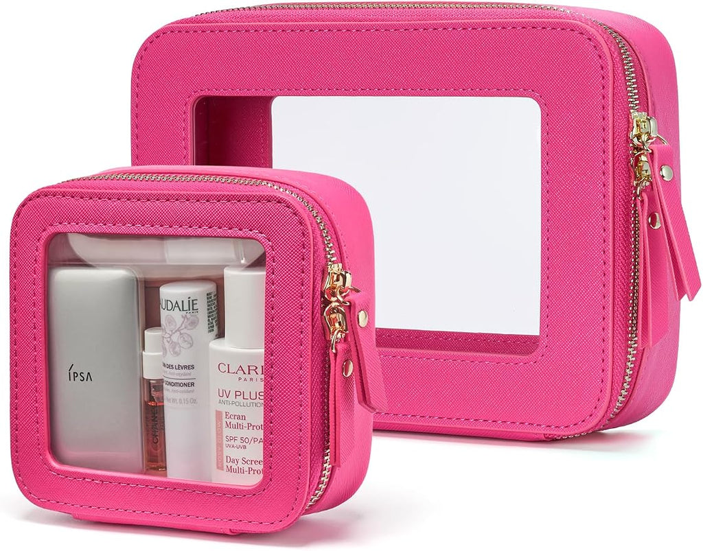 Clear Makeup Case Toiletry Bag Travel Medium Clear Cosmetic Bag with Zipper, Make Up Bag Organizer Traveling TSA Approved Transparent Bag Car for Essentials, Mini & Medium, Hot Pink by POPVIBE