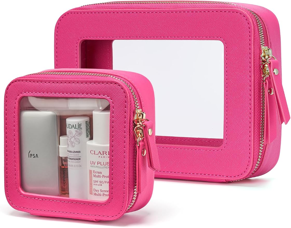 Clear Makeup Case Toiletry Bag Travel Medium Clear Cosmetic Bag with Zipper, Make Up Bag Organizer Traveling TSA Approved Transparent Bag Car for Essentials, Mini & Medium, Hot Pink by POPVIBE