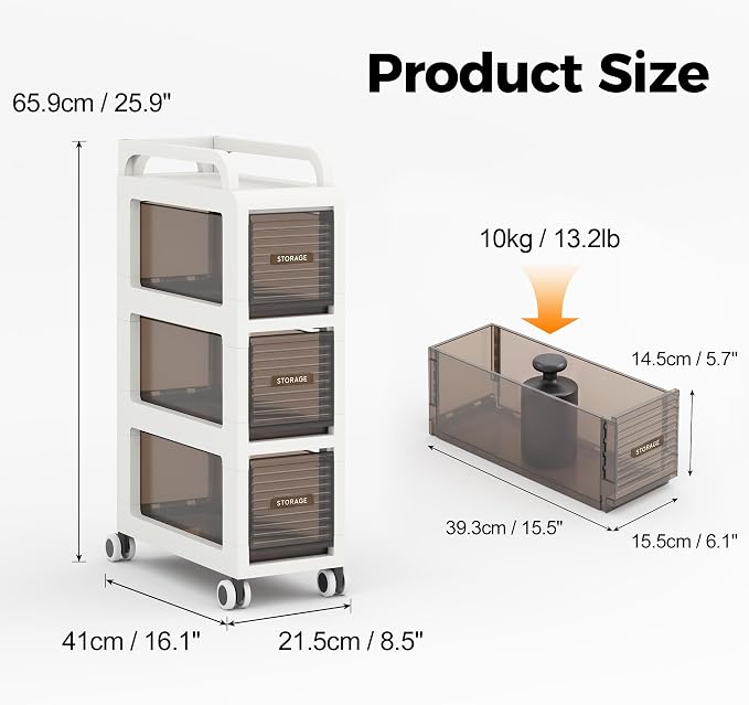 Bathroom Storage with Drawers, 7.87" Wide Slim Cabinet with Wheels | Freestanding Narrow Cupboard, Small Cart for Small Space Kitchen Office Bedroom Under Desk, 26" Tall, 3-Drawer, Gray - Image 2