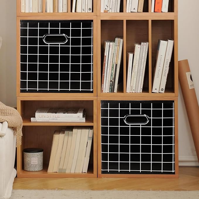 Yunkeeeper storage bins Cubes, Fabric Cube Organizer with Handle, Foldable Cube Bins for Cloth or Accessary Storage, 11x11x11, Set of 6, (Black grid) - Image 4