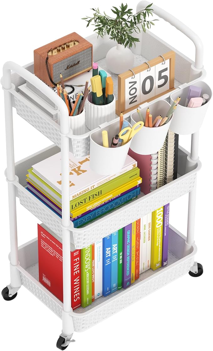 MOYIPIN 3-Tier Plastic Rolling Utility Cart with Handle,White | Utility Storage Cart for Office, Living Room, Kitchen,Movable Storage Organizer，Easy installation，Rattan-like art design by MOYIPIN