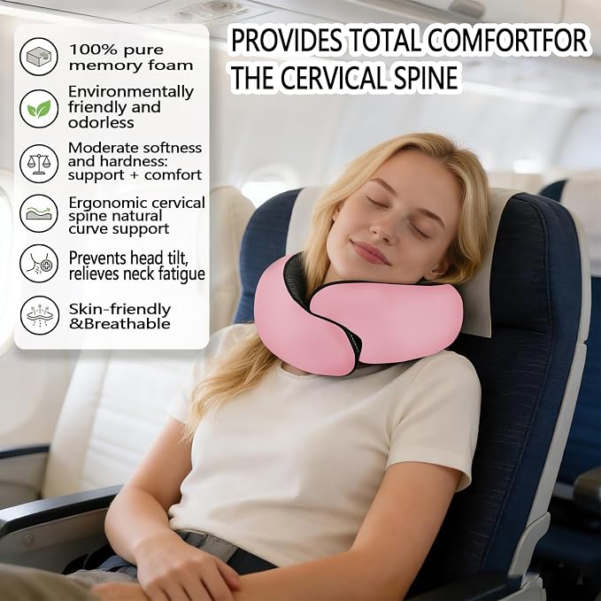 Travel Neck Pillow- 360° Ergonomic Memory Foam Travel Neck Pillow Airplane,Premium Breathable Relief Neck Pain for Long Flights,Car & Office（Pink - Image 5