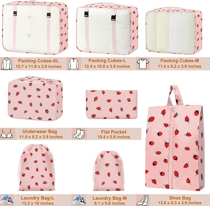 Packing Cubes for Travel - 8 Set Luggage Organizer Bags for Family, Mesh Breathable Packing Cubes for Suitcases Durable Travel Essentials Bags Set (Pink Strawberry) - Image 2