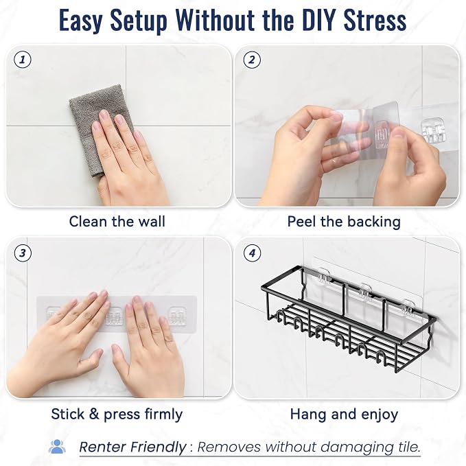 8 Pack Adhesive Large Capacity No-Drilling Shower Caddy, Black | Rustproof Shower Shelves Rack with Soap Dishes, Toothbrush Holder & Hooks for Bathroom Organizers & Storage Accessories - Image 6