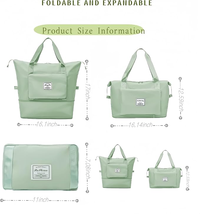 Large Capacity Foldable Travel Bag, Expandable lightweight Carry on Bag, Dry with Wet Separation Spor Duffel Bags (Light Green) - Image 2