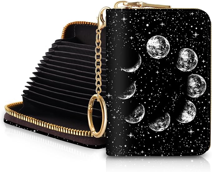 Blusabaca RFID Credit Card Holder Small Women Travel Wallet, Night Moon | Removable Keychain, Case with Zipper, Vegan PU Leather, Cash Coin Pocket, Business Accordion Purse, Ladies Female Gift by Blusabaca