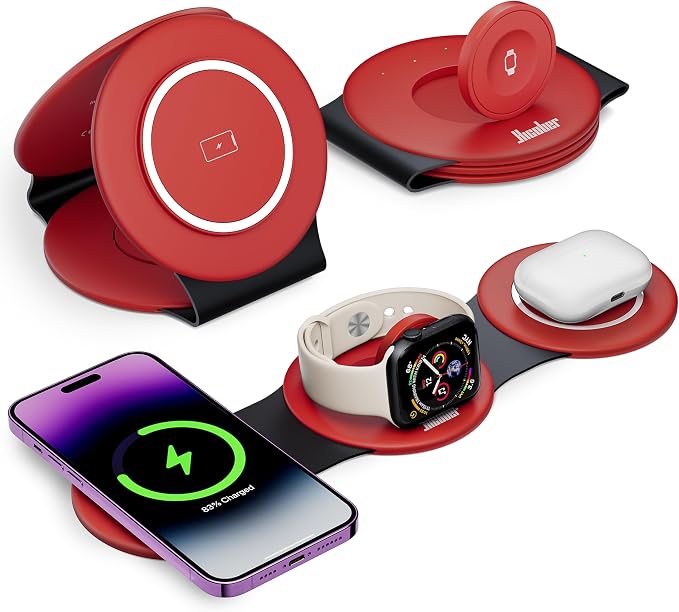 HICOBER 3IN1 Wireless Charging Station for iPhone, Watch, AirPods, Dark Red | Charge 3 devices at once, foldable, case-friendly and ready for travel by Hicober