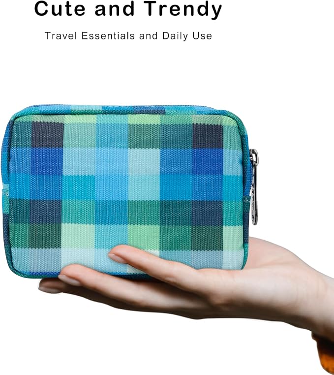 E-Tree Cute Small Makeup Bag,Cosmetic Toiletry Make up Little Items Pouch for Purse,Zipper Mini Tech Charger Cable Electronic Organizer Case,Travel Accessories for Women Men Teen,Blue Checkered - Image 4