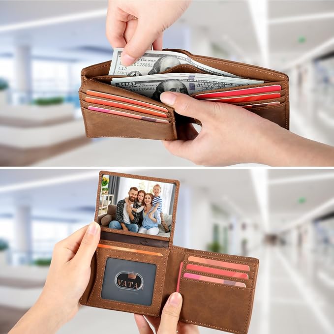 VATAN Wallet for Men Slim RFID Blocking Leather Credit Card Holder Wallet for 15 Cards, Bifold Minimalist Thin Wallet with 2 ID Windows & Cash Slot, With Gift Box (Crazy Horse Brown) - Image 3