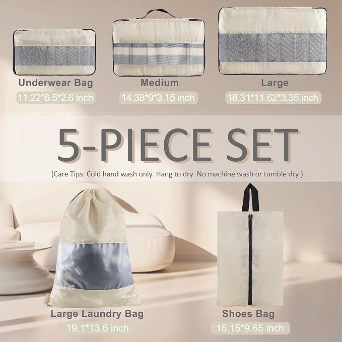 U+U 5 Set Packing Cubes, Travel Organizers with Shoe Bag (Cream) | Ultralight Design & Easy Travel Organization - Image 3