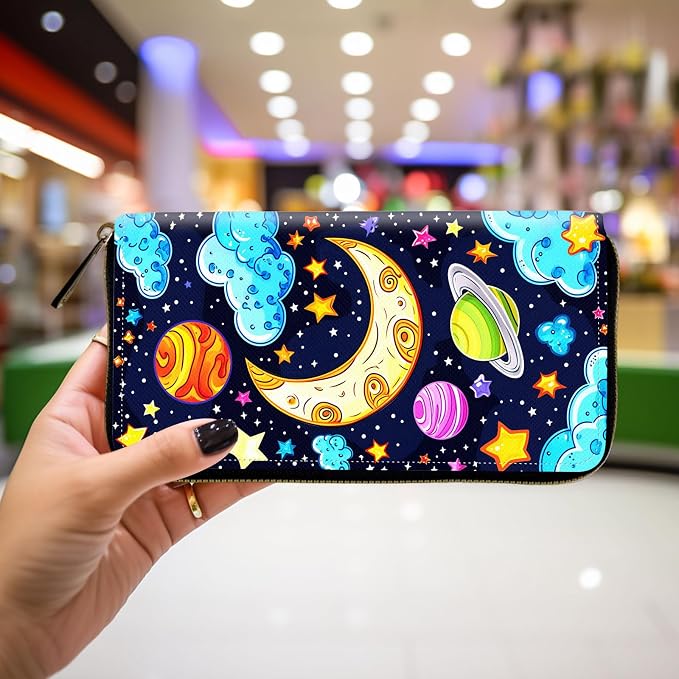 Wallet,Leather Long Wallet Suitable For Ladies And Teenagers - Detachable Wristband + RFID Travel Wallet With Card Slot - Colored Universe - Image 4