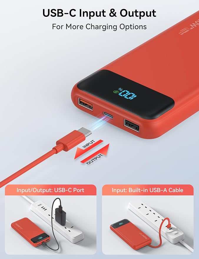 Nusyddy Portable Charger 10000mAh 22.5W w/4 Built-in Cables/6 Outputs Red | 22.5W Fast Charging, LED Display, Pass Through Charging, Charge 6 Devices at once, TSA Approved, Fits iPhone, iPad, Samsung - Image 6