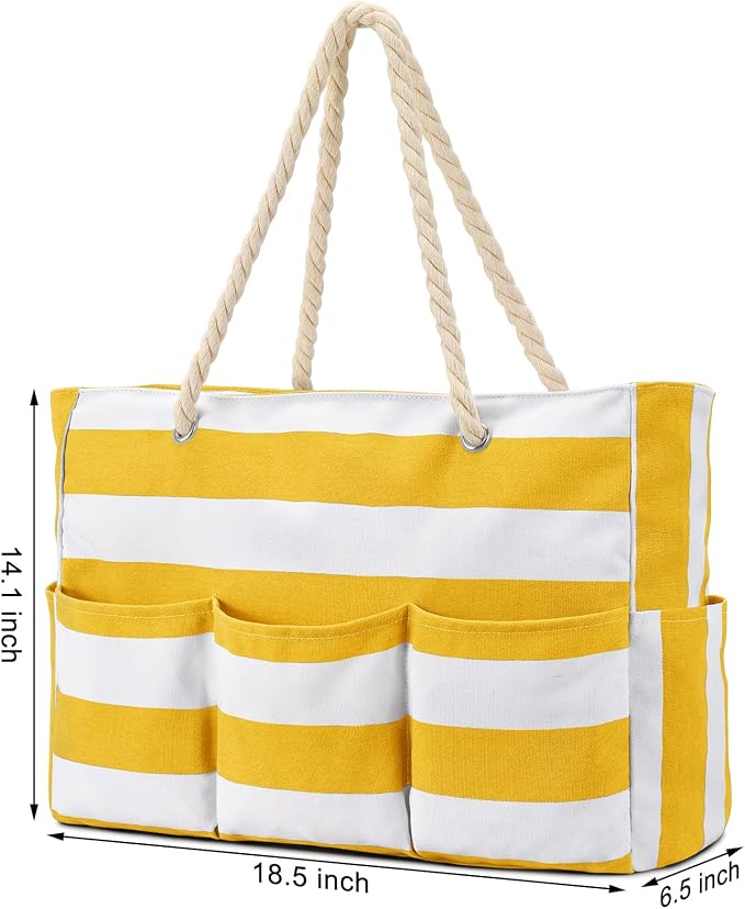 Becokan Beach Bags for Women Canvas Large Beach Tote Bag Zipper Waterproof Sandproof Foldable Swim Pool Bag with 7 Pockets - Image 6
