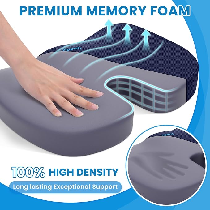 Memory Foam Seat Cushion for Office Chair, Car Seat, Blue, XL | Office Chair Cushion for Car, Airplane - Chair Pad for Long Sitting Sciatica, Hip, Coccyx,Tailbone Pain Relief, Butt Pillow - Image 3
