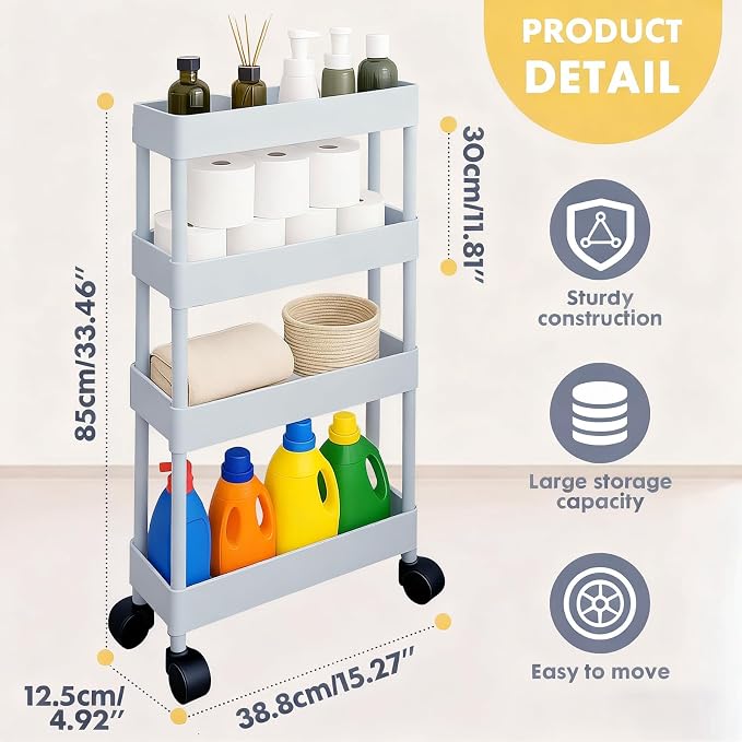 ShellKingdom 4 Tier Bathroom Storage Organizer, Slim Rolling Storage Cart for Narrow Space, Mobile Shelving Unit with Lockable Wheels and Hooks for Bathroom, Kitchen, Laundry Movable Shelf (Grey) - Image 6