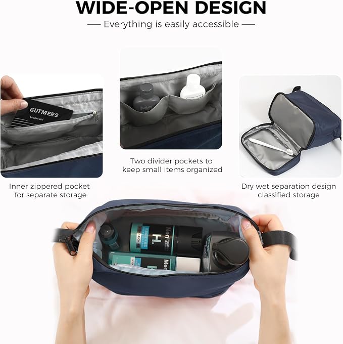Travel Toiletry Bag Water-resistant with Hanging Hook for Mens Large Packing with Waterproof Wet/Dry Compartment Travel Shower Bags Travel Toiletry Organizer Dopp Kit Shaving Bag - Image 2