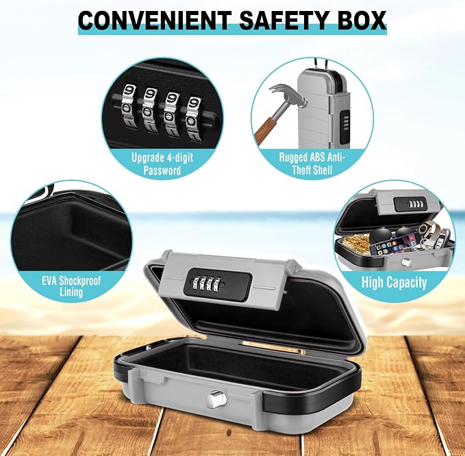HUANLANG Portable Safe Lock Box with Combination Lock Mini Beach Travel Safe Waterproof Small Lockable Box with Removable Wire Rope Combination Safe Box for Dorm,Travel,Beach,Hotel,Car,Home,Office - Image 2
