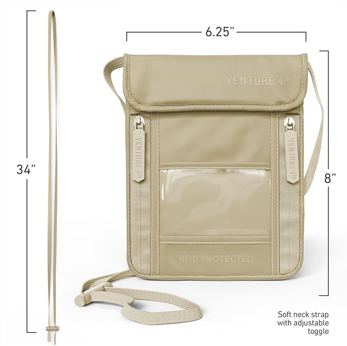 VENTURE 4TH Travel Neck Wallet, RFID Blocking Passport Holder - Sleek Beige - Image 6