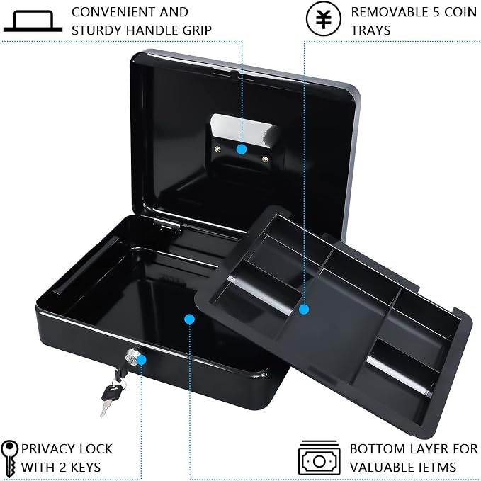 KYODOLED Metal Cash Box with Money Tray and Lock,Money Box with Cash Tray,Cash Drawer,11.81"x 9.45"x 3.54" Black X Large - Image 3
