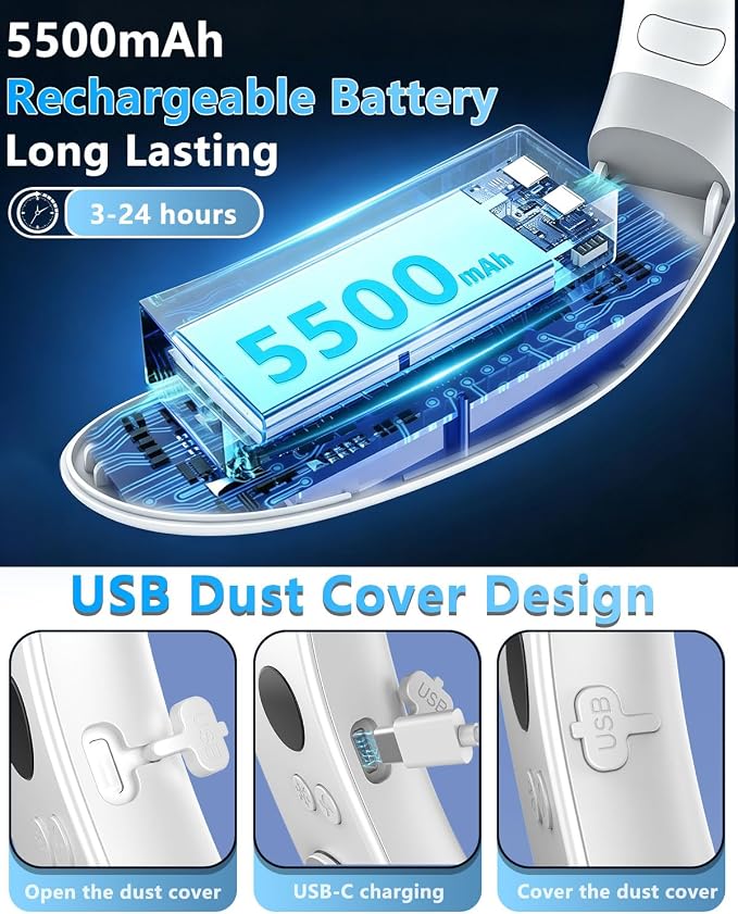 Neck Fan with Cooling Plate-24H Quiet Powerful Fans that Blow Cold Air-5 Speed&Power LED Display-USB 5500mAh Bladeless Wearable Personal AC Cooler for Women,Men,Kids,Travel,Outside,Indoor White - Image 7