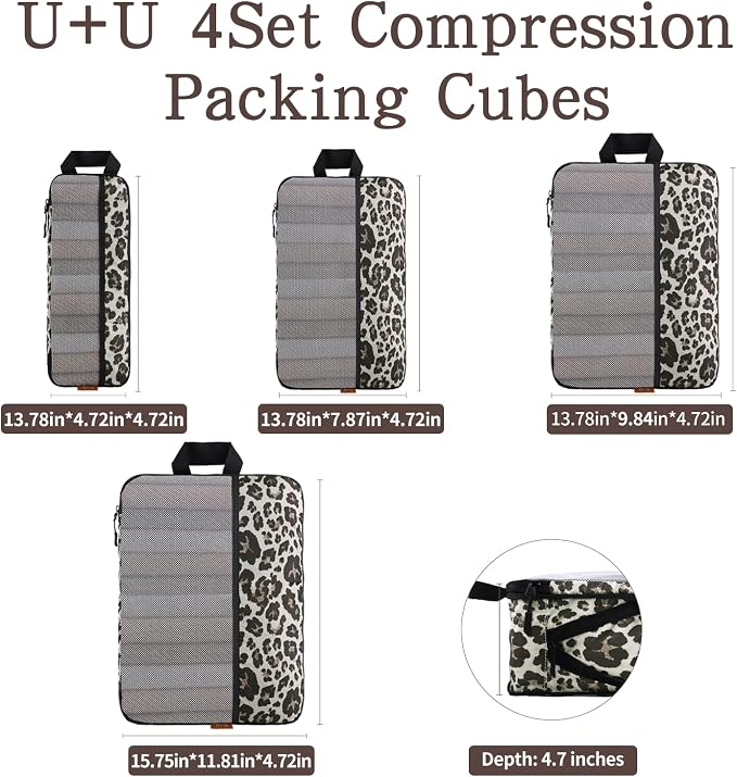 U+U 4 Set Compression Packing Cubes, Travel Organizers (Leopard) | Space-Saving & Lightweight Travel - Image 4