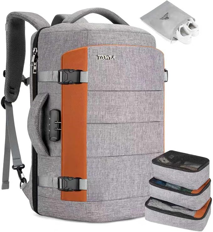 Tzowla 40L Expandable Travel Laptop Backpack for Men Women Carry on Flight Approved,Large Capacity Anti Theft Backpacks with Giant Tumbler Holder Pocket,Personal Item Bag Fit 17.3" Computer（Grey by Tzowla