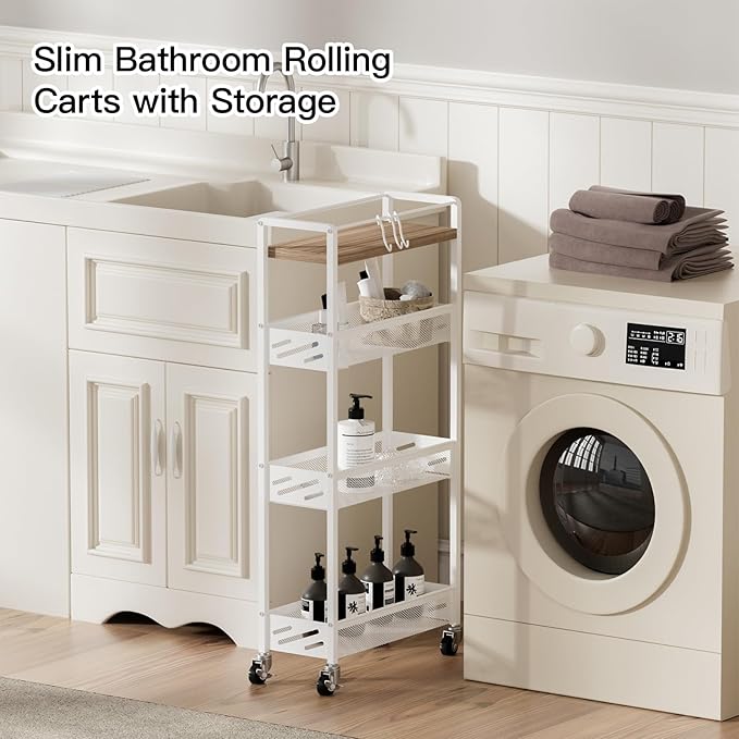 DGSNADGO Slim Rolling Storage Cart, 4-Tier Narrow Kitchen Cart with Wheels | Metal Mobile Snack Shelving, Skinny Rolling Spice Rack for Small Space in Kitchen, Living Room, Bathroom, Beige and White - Image 3