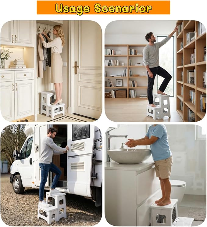 2 Step Stool Foldable, Non-Slip Steps, Folding Step Stool for Adults & Kids, Plastic Stool Pool Ladder, Collapsible Stools 2 Step Ladder for Kitchen Toilet Bedroom Office RV, Holds 330 lbs - Image 2