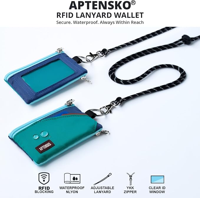 RFID Blocking Travel Wallet with Adjustable Lanyard, Small Nylon Zipper Pouch and Badge Holder for ID, Credit Cards, Cash, Keys, Commuters (Turquoise+Navy) - Image 2