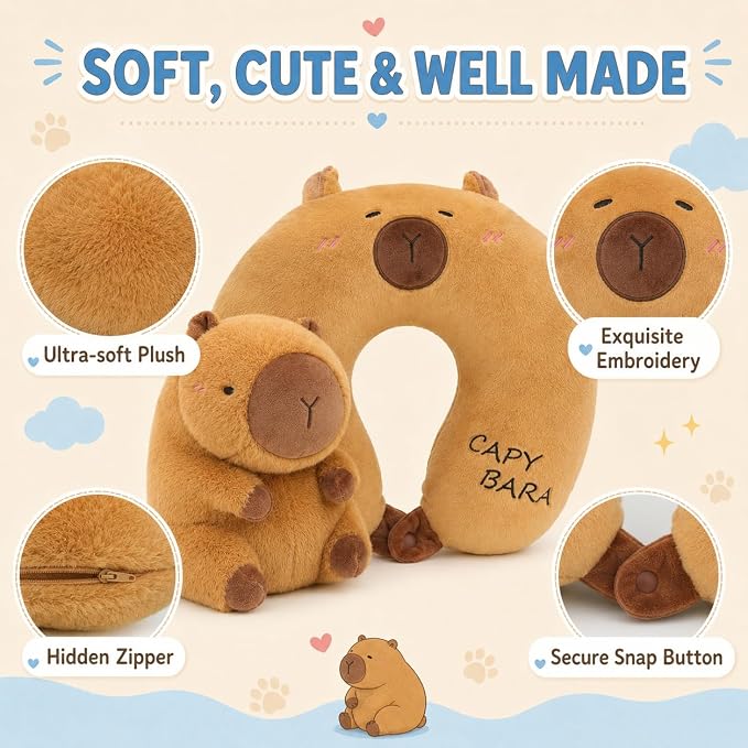 Capybara Travel Pillow for Kids & Adults Car Neck Pillow Memory Cotton U-Shaped Neck Pillow Soft Head Support Travel Accessories for Airplane Car Train Bus Airplane Pillow - Image 5