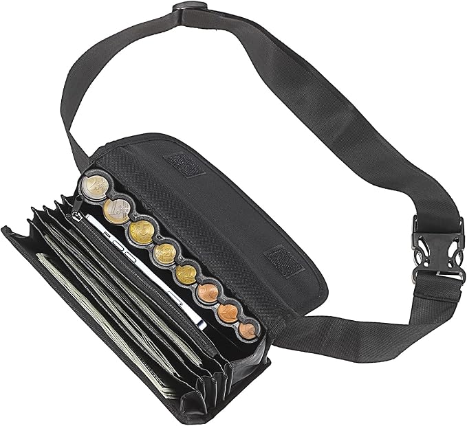 BSTKEY Euro Coin Holder Coin Dispenser, Fanny Pack with Banknote Waiters Purse Coin Sorter Coin Organizer, Black Coin Storage Bag with Belt for Waitress Server Collector Cashier Change by BSTKEY