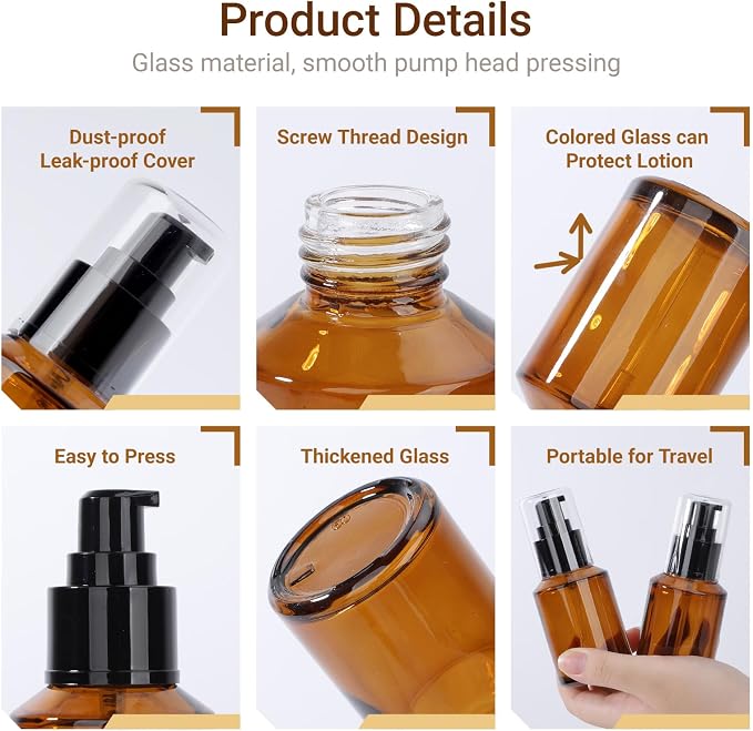 Segbeauty 2oz Frosted Glass Travel Pump Bottles for Toiletries, 3pcs Refillable Cosmetic Pump Dispensers Empty, 60ml Travel Cream Oil Foundation Bottles, Liquids Serum Containers in Mixed Color - Image 3