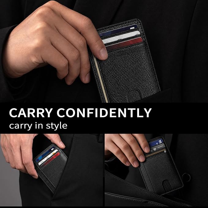 Slim Minimalist Front Pocket RFID Blocking Leather Credit Card Holder, Small Compact Wallet with ID Window for Men and Women (Black) - Image 3