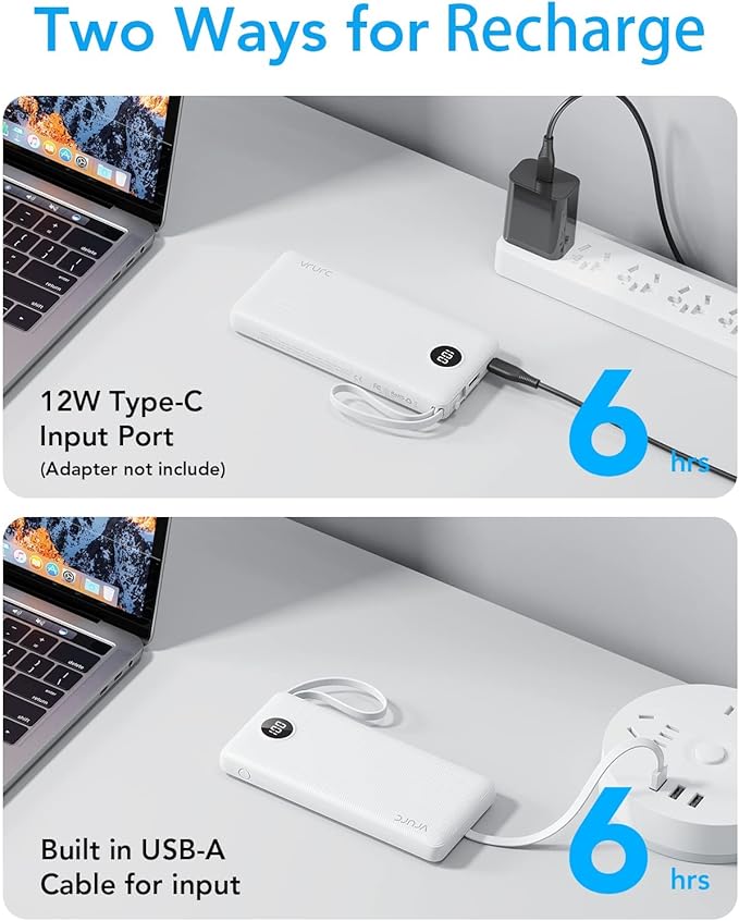 VRURC Portable Charger Built in 4 Cables, Slim Power Bank 10000mAh | Multi Devices Charging Bank with Lanyard, USB C Battery Pack for All Cell Phones, Samsung,Android-White(1 Pack) - Image 6