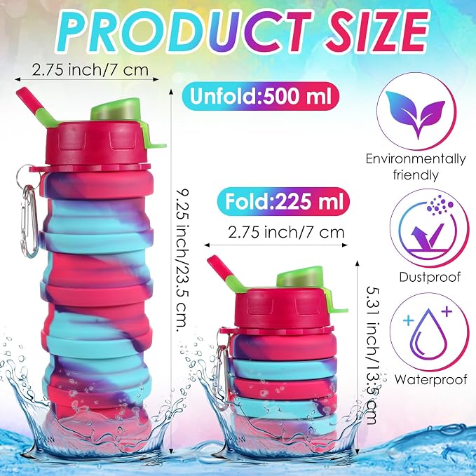 5 Pack Collapsible Water Bottles 17 oz Silicone Portable Lightweight Foldable Water Bottle with Carabiner Leakproof Reusable for Travel Camping Hiking Cycling Sport Outdoor(Rainbow) - Image 2