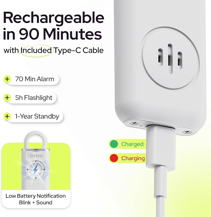 Personal Alarm for Women Safety, 130dB Loud Siren Keychain, TSA Safe, White | USB-C Charging, Carabiner Clip, Low Battery Alert, LED light, Self Defense for Women - Image 4