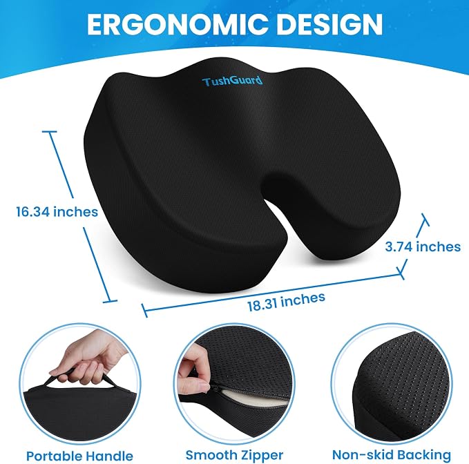 Memory Foam Seat Cushion for Office Chair, Car Seat, Black, XL | Office Chair Cushion for Car, Airplane - Chair Pad for Long Sitting Sciatica, Hip, Coccyx,Tailbone Pain Relief, Butt Pillow - Image 2