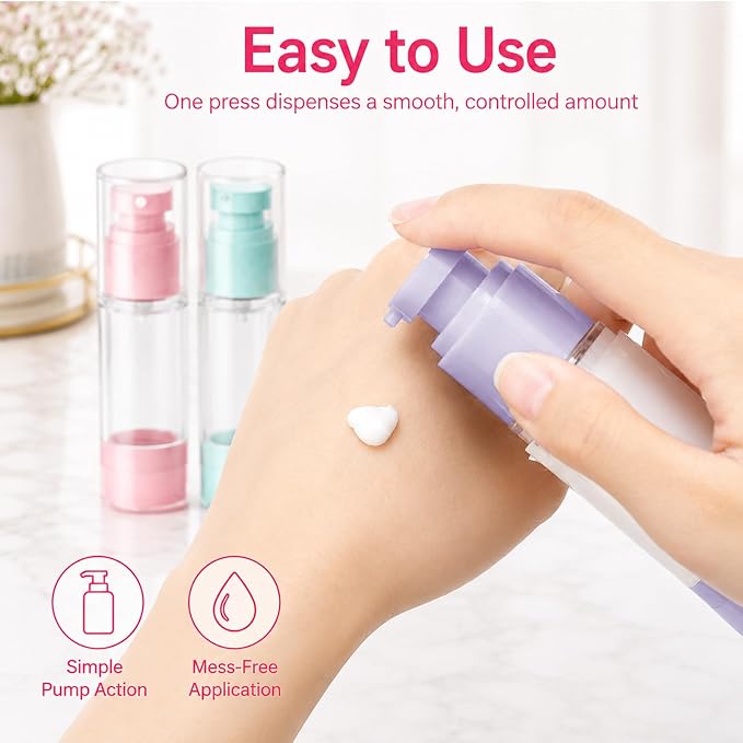 4 Pack Airless Pump Bottles, 1 oz Leakproof Travel Bottles with Pump for Toiletries, Small Empty Containers with Lids for Lotion Creams Serum Skin Care Shampoo Cosmetic Moisturizer Dispenser - Image 4