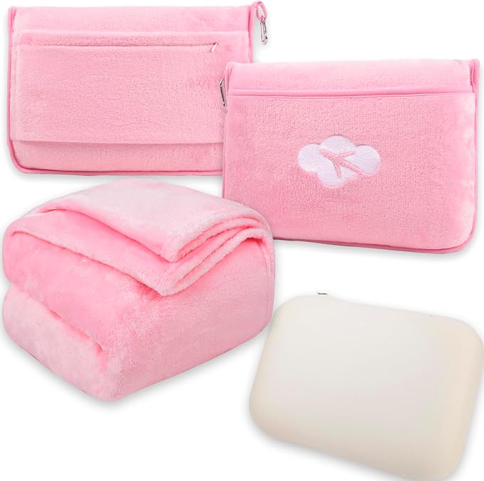 Blanket Pillow for Airplane Travel Essentials -3 In 1 Plane Travel Set Pink | Memory Foam, Compact with Bag, Fleece Soft for Long Flight Traveling Car Road Trip Flying Accessories, for Adult Women by Nerien