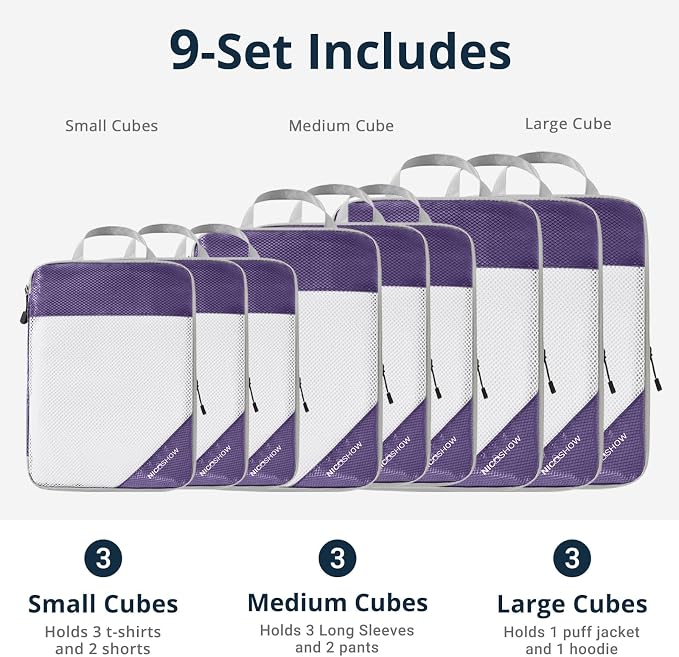 9 Set Compression Packing Cubes for Travel - Compressible, Lightweight, and Space-Saving Packing Cubes, Travel Essentials for Women, Purple - Image 3