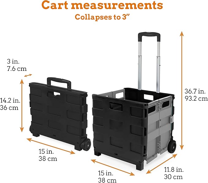 Inspired Living Ultra-Slim Rolling Collapsible Storage Pack-N-Roll Utility-carts, with Telescopic Handle, for Home, Garden, Shopping, Office, School use, Medium, Grey & Black - Image 2