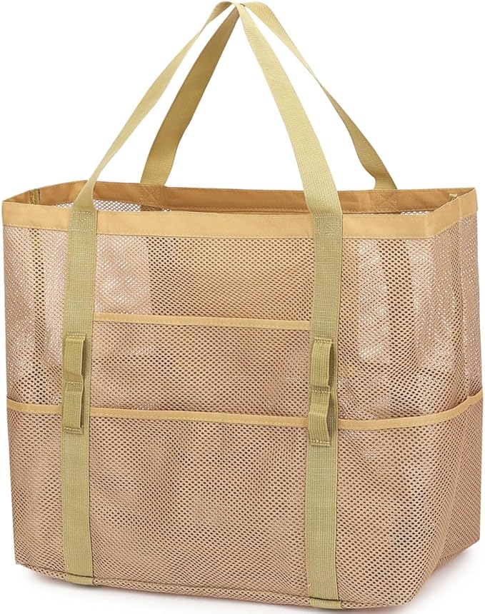 Fammart Mesh Beach Bag for Women, Large Beach Toy Pool Bag with Zipper Pocket, SandProof Cruise Essentials 2026 Family Travel by Fammart