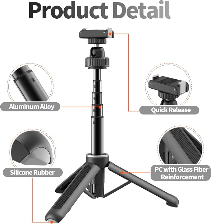 AGVEE Selfie Stick Tripod for DJI Osmo Action 6/Nano Camera | Magnetic Quick Release Mount Accessories, Reinforced Nylon-Fiberglass Legs, Desktop Portable Vlog Travel Extension Rod - Image 5