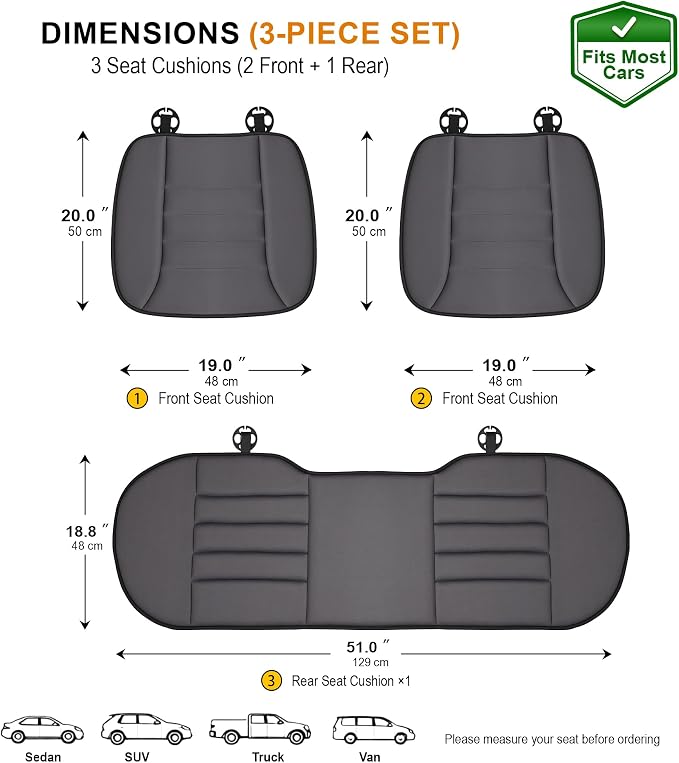 kingphenix 3-Piece Memory Foam Car Seat Cushion Set for Driving Comfort | 2 Front Seat Cushions and 1 Rear Bench Pad, 1.2-Inch Memory Foam, Non-Slip Bottom for Sedan, SUV, Truck and Van, Dark Grey - Image 5