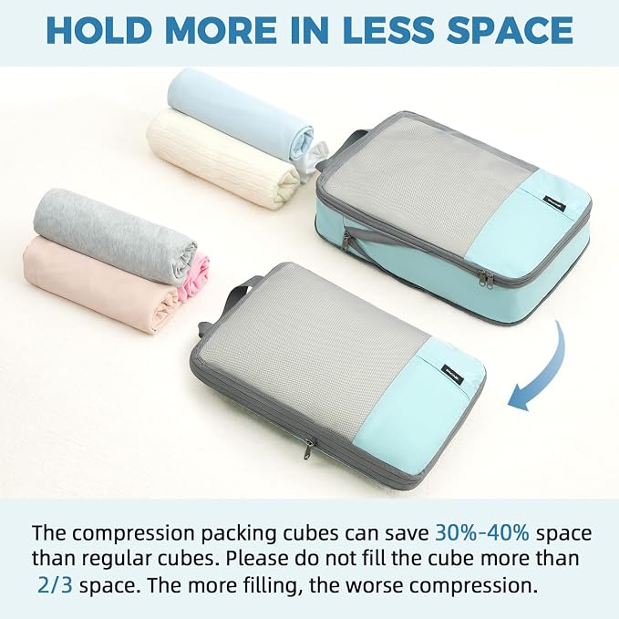 BAGAIL Lightweight Compression Packing Cubes for Travel, 6 Set, Dusty Blue | Salis Nylon Fabric,Anti-Tearing,Save Space,SBS Zippers,Packing List,PVC Tag Pocket,Custom Labels,Visible Mesh,Portable Handel - Image 7