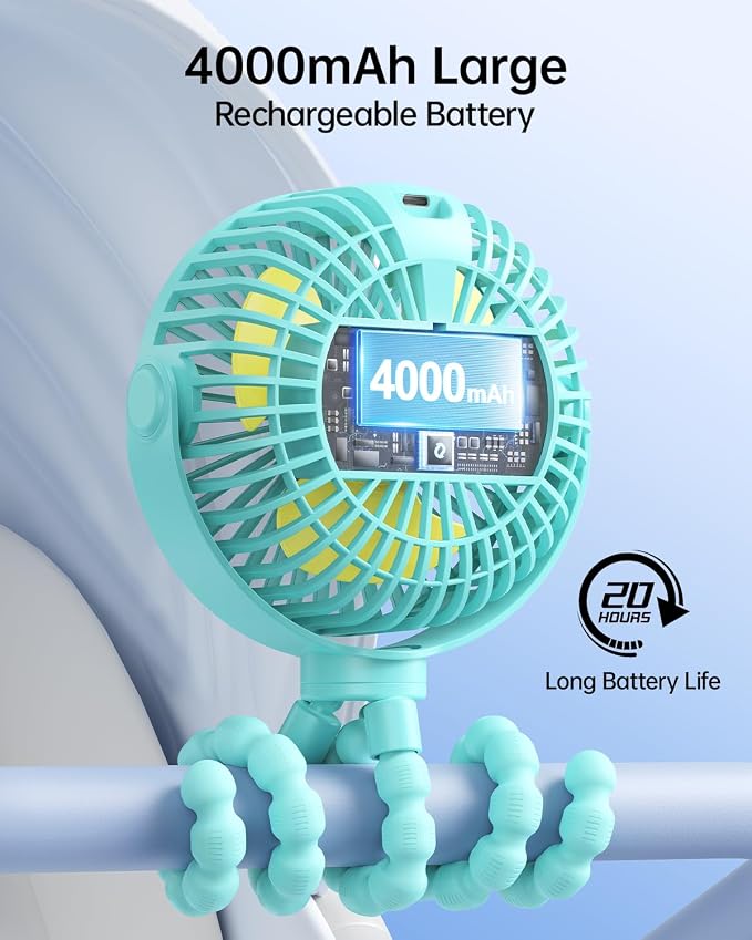 SWEETFULL Portable Stroller Fan with Display 4000mAh Battery Powered Mini Clip On Fan, 4-Speed Rechargeable Small Personal Cooling for Baby Car Seat Crib Travel - Cyan - Image 4