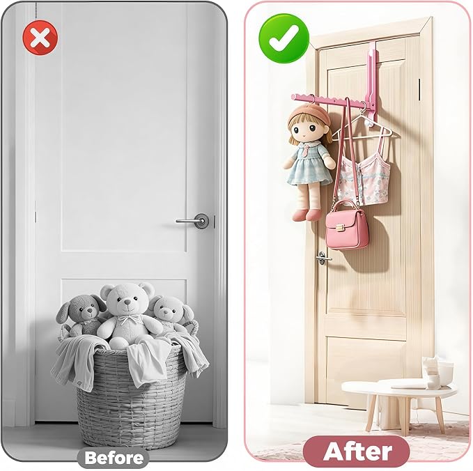 Pink Over the Door Hooks,Foldable Over the Door Hanger for Clothes | Heavy-duty for up to 1 3/4" thick door, with 11 slots for hanging clothes, perfect for laundry rooms and bedrooms to hang - Image 8