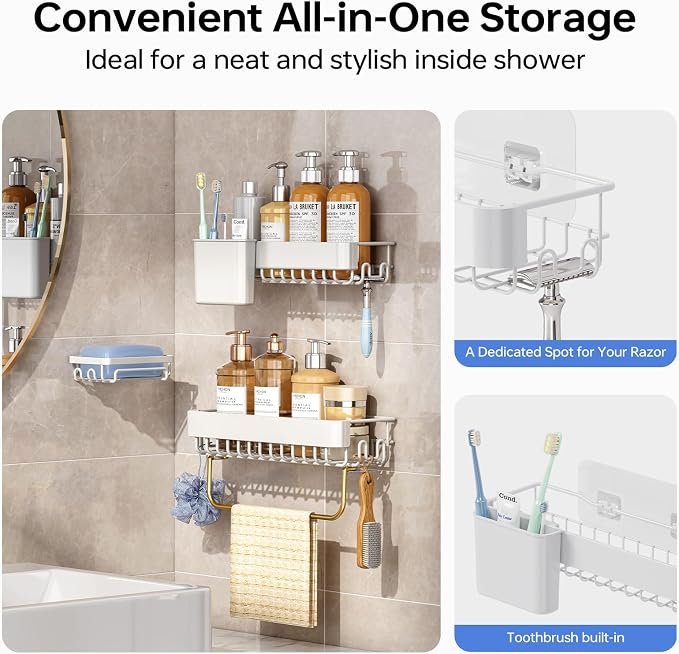 KINGRACK Shower Caddy Adhesive 4-Piece Rust-Resistant Shower Shelves, No-Drill Bathroom Shower Organizer with Large Capacity for Bathroom, Kitchen, and Laundry,White - Image 6