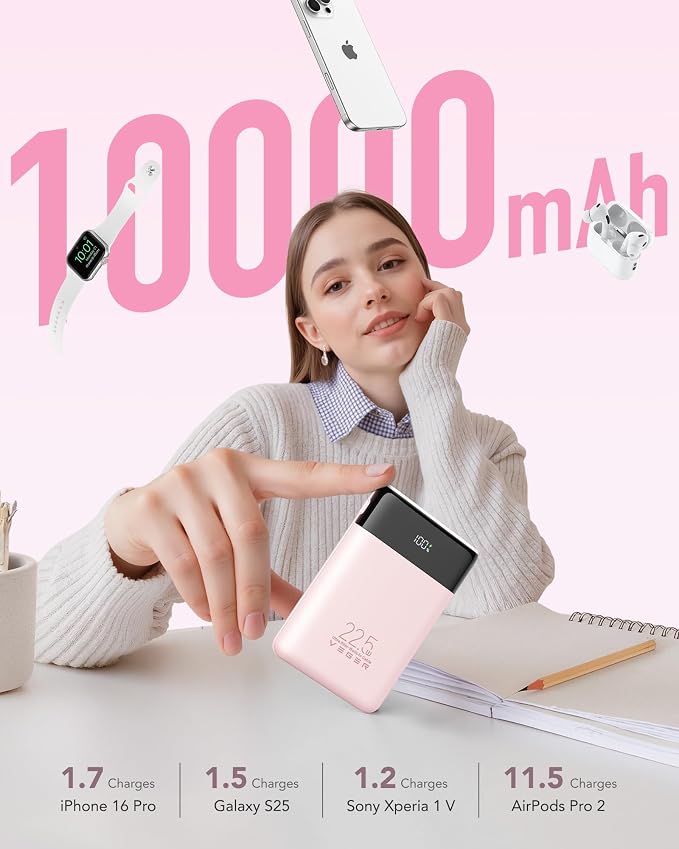 VEGER 10000mAh 22.5W Fast Charging Portable Charger with Built-in Cables | 0.4lb Slim USB C Power Bank, Small Battery Pack for iPhone 17/16/15/14/13 iPad Samsung, Flight Safe, Travel Essential, Pink - Image 8