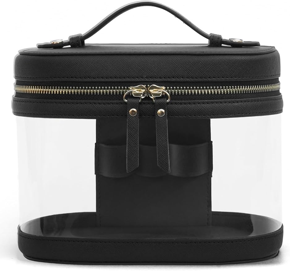 Travel Makeup Bag Clear Compact Make Up Vanity Case with Brush Storage and Top Handle, Toiletry Makeup Case Traveling Leather Cosmetic Bag, Portable Medium Large Sized Train Case, Black by POPVIBE